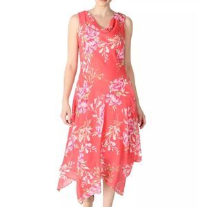 Robbie Bee Handkerchief Floral Cowl Neck Basque Waist Fairy Midi Dress Size 6